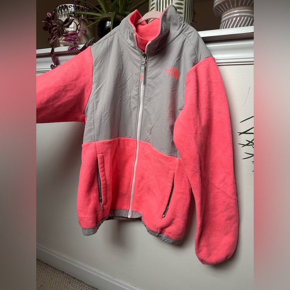 Girls neon Coral North Face Zip Up Fleece Jacket - Picture 1 of 6